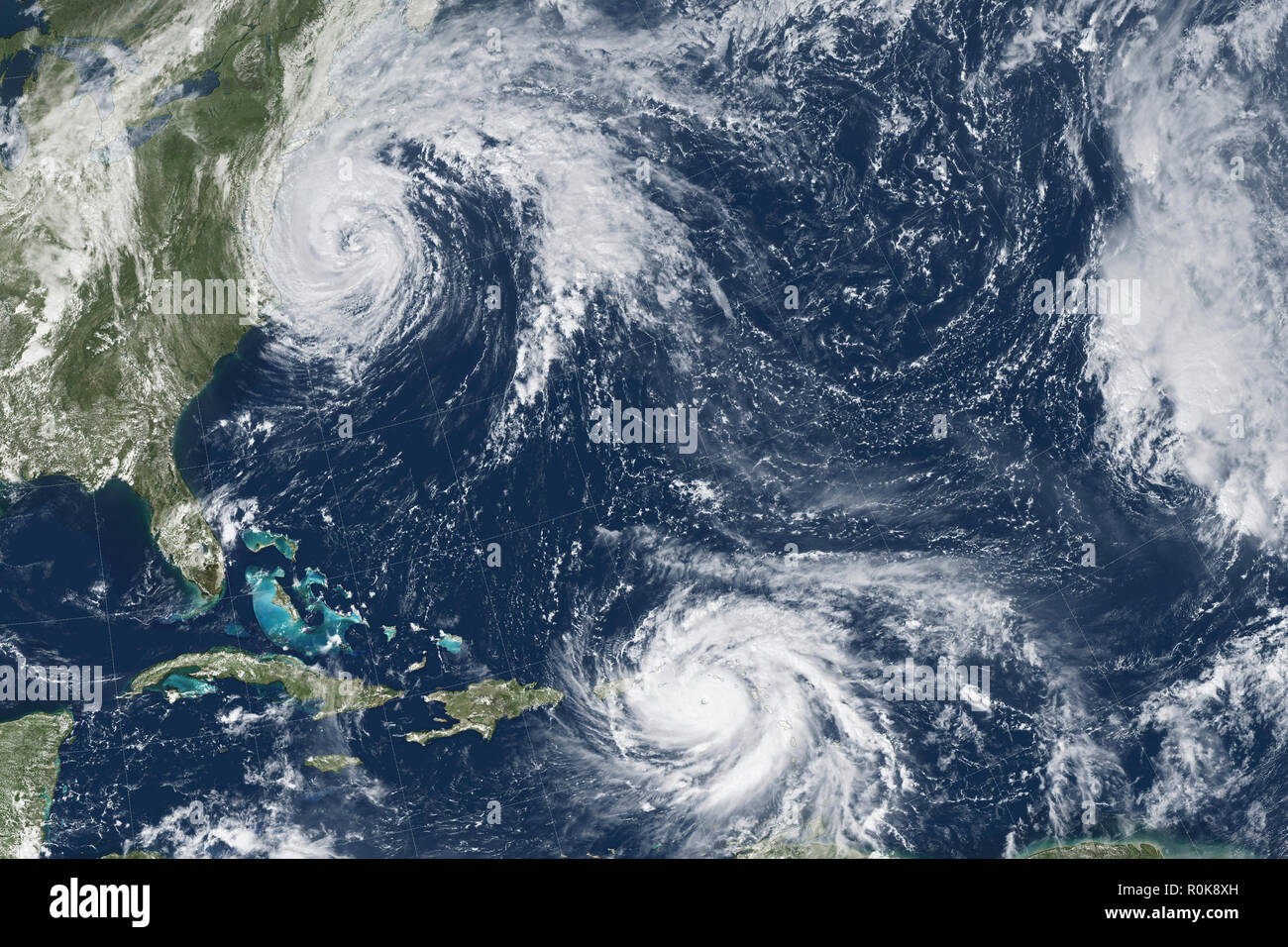 Hurricane Maria in the Caribbean and Hurricane Jose off the U.S. east coast. Stock Photo