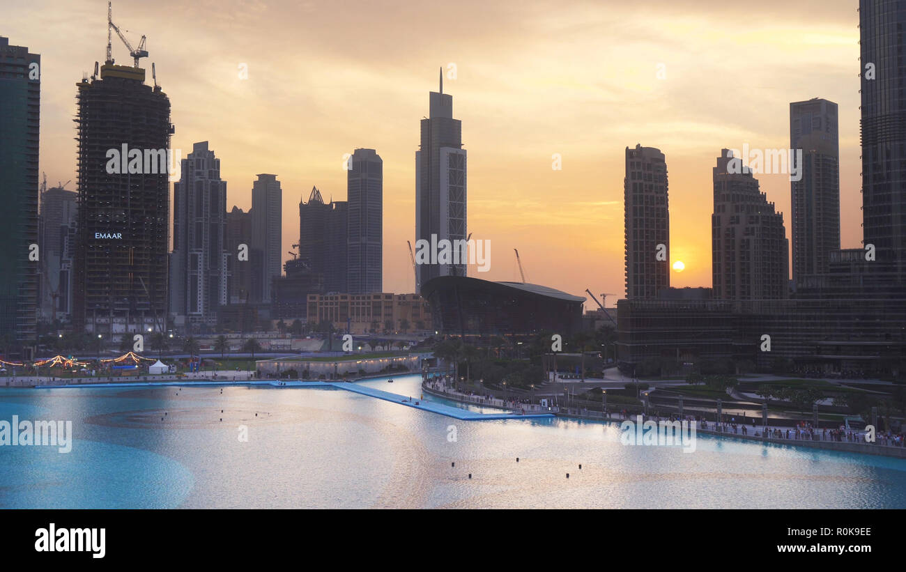 Modern architecture Downtown Dubai around the Burj Khalifa Lake at sunset Stock Photo
