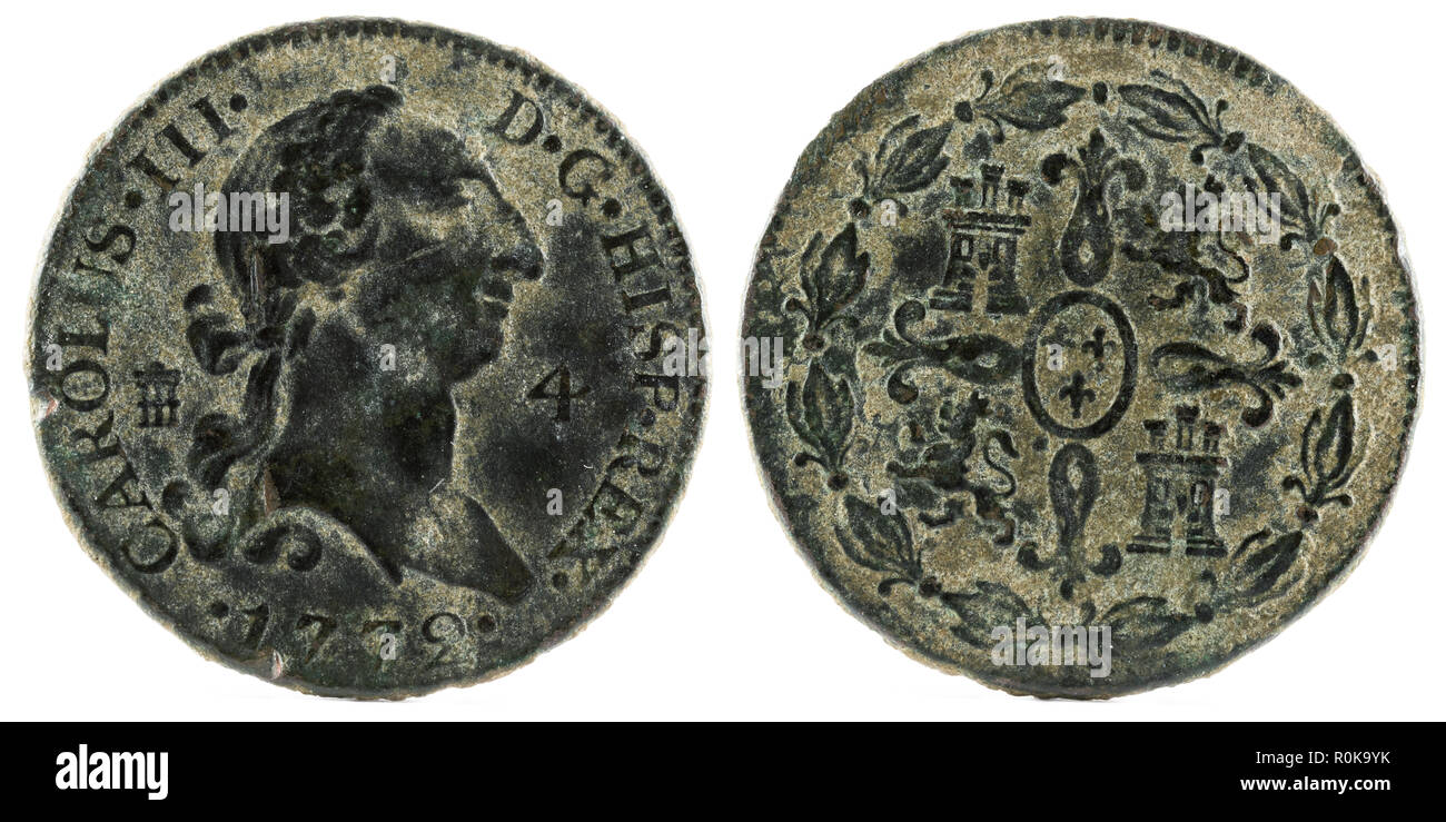 Ancient Spanish copper coin of the King Carlos III. 1772. Coined in Segovia. 4 Maravedis. Stock Photo