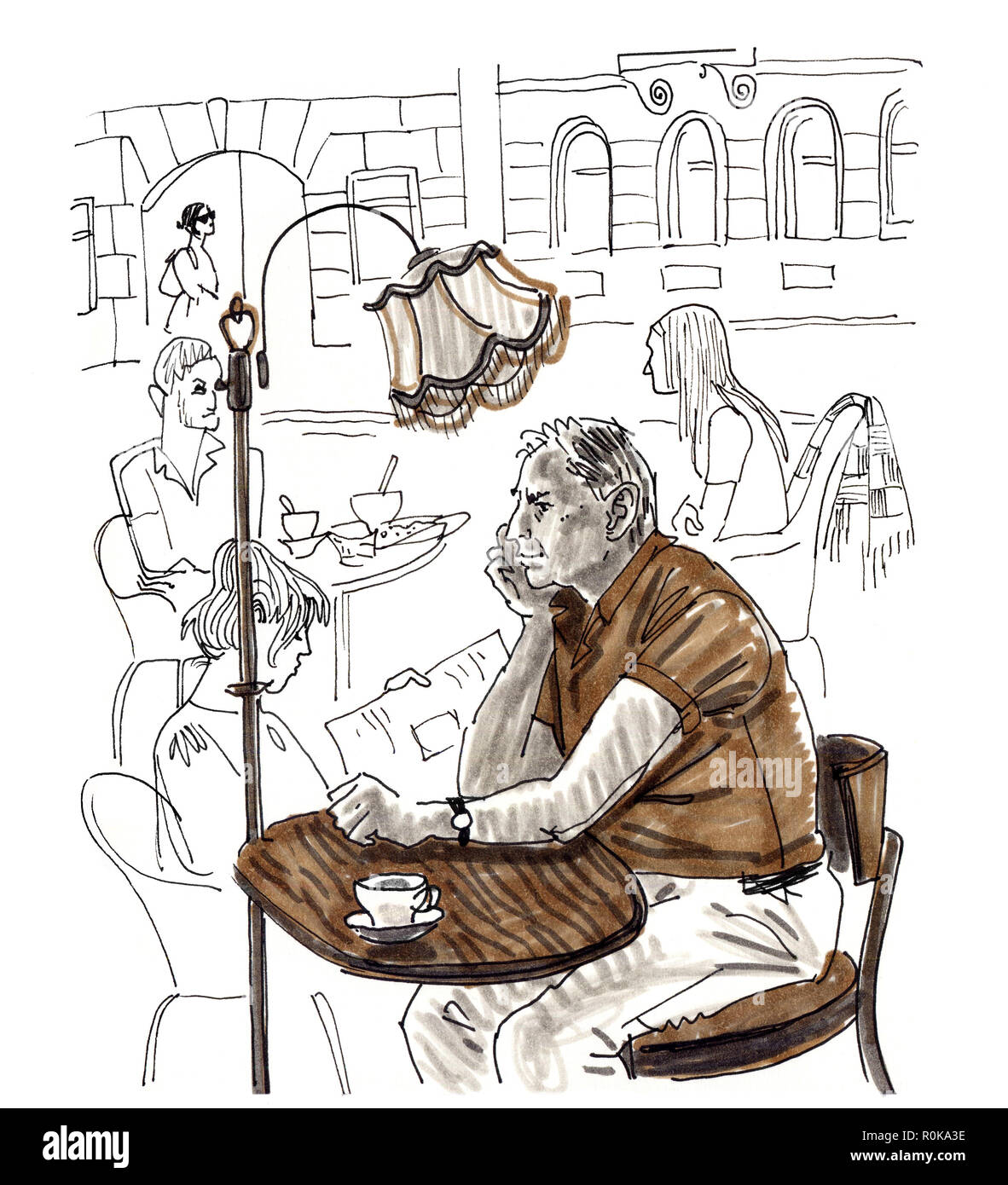 An elderly man sits at a table with a cup of coffee under a retro floor lamp in a restaurant by the window with a view the city. Hand drawn sketchy style marker pen illustration on a white background. Stock Photo