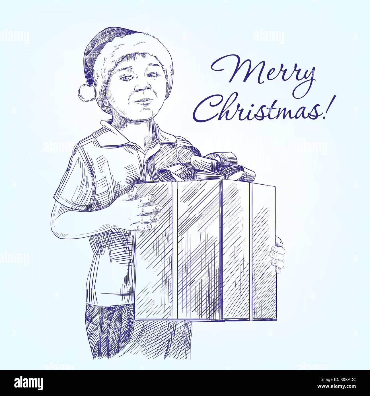 boy in Santa hat holding  Christmas present hand drawn vector llustration realistic  sketch Stock Vector