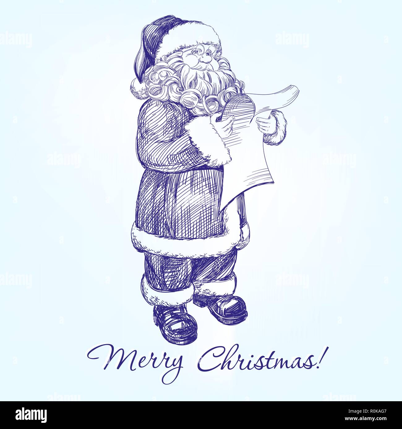 Santa Claus Reading A Letter Hand Drawn Vector Llustration