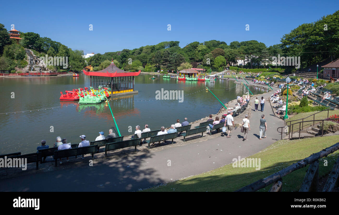 Dragon headed pedal boats on the lake in Peasholm Park in Scarborough