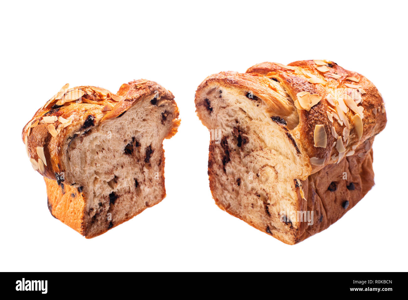Easter bread with chocolate and almonds isolated on white background. Stock Photo