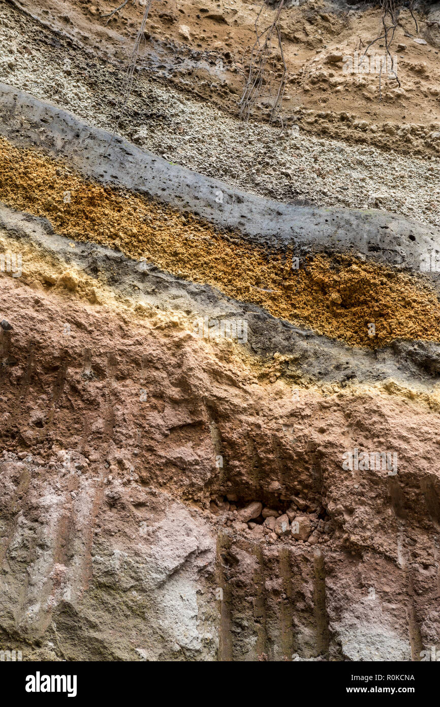 Layers of mixed volcanic sediments, Iztaccihuatl Popocatepetl National Park, Mexico, North America Stock Photo