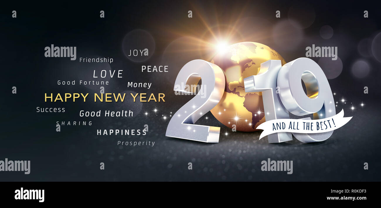 Happy New Year greetings, best wishes and 2019 date number, composed with planet earth colored in gold, on a festive black background, with glitters a Stock Photo