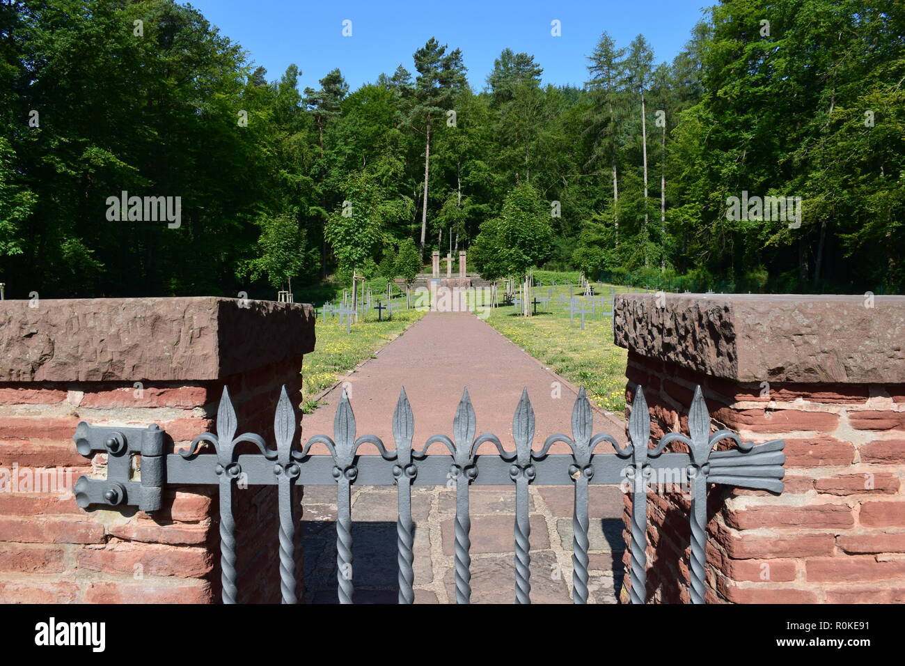 Reimsbach ww2 cemetery is build on a parcel of about 6800 m² there is a burial ground and a forecourt, which are spatially separated by an iron gate. Stock Photo