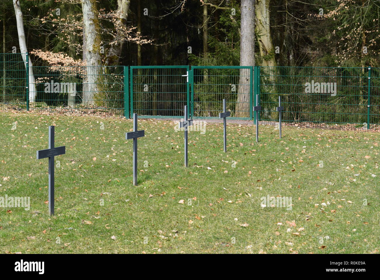 Reimsbach ww2 cemetery is build on a parcel of about 6800 m² there is a burial ground and a forecourt, which are spatially separated by an iron gate. Stock Photo