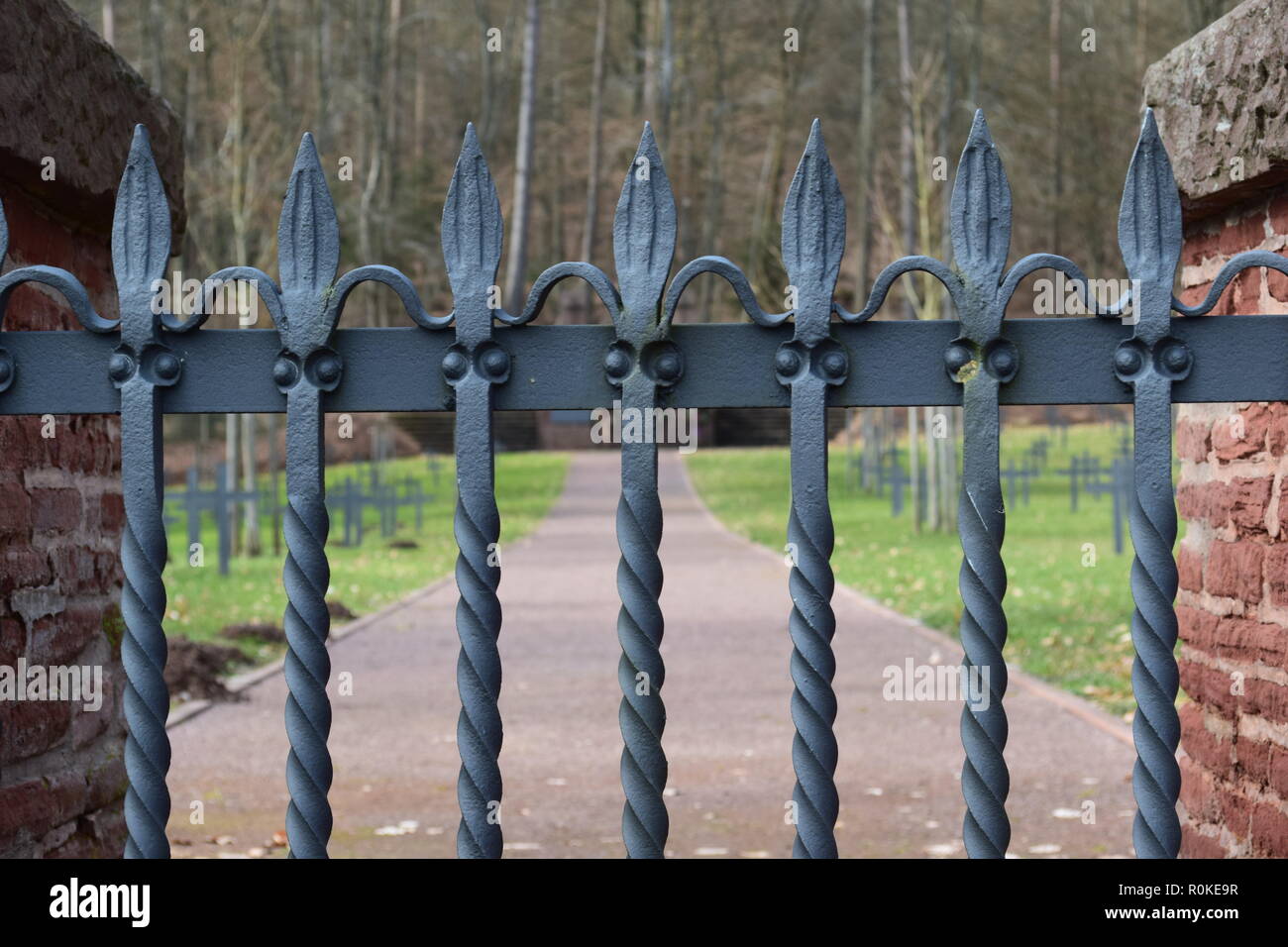 Reimsbach ww2 cemetery is build on a parcel of about 6800 m² there is a burial ground and a forecourt, which are spatially separated by an iron gate. Stock Photo