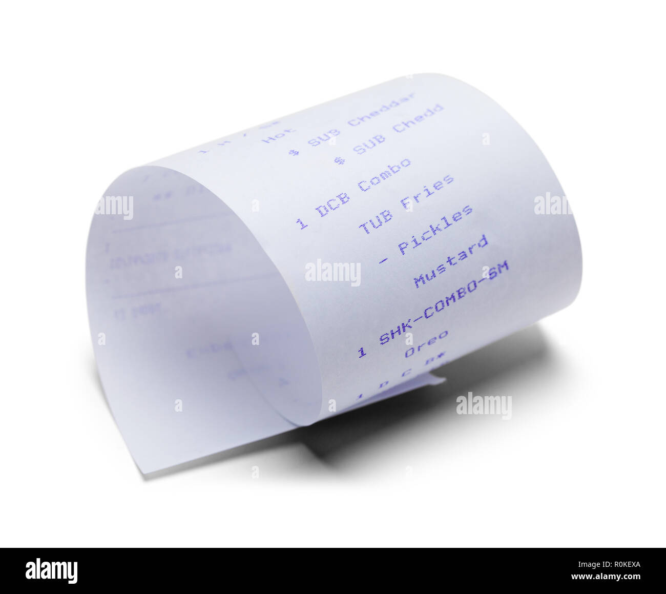 Curled Fast Food Receipt Isolated on a White Background. Stock Photo