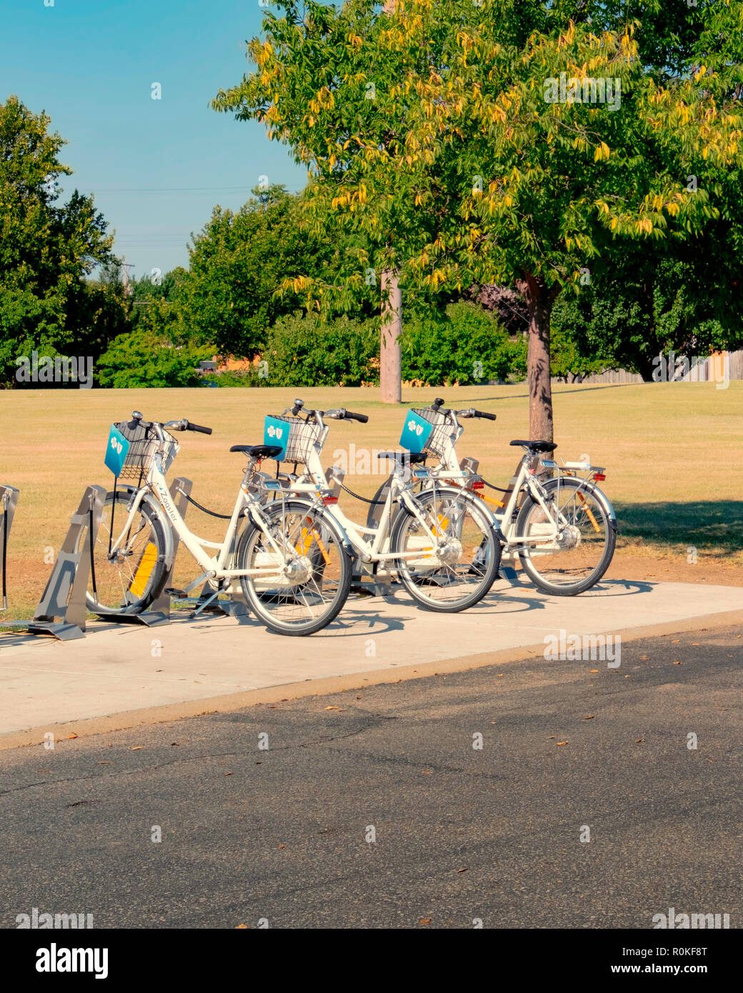 Bicycle rentals, bike share, near tourist attraction in Wichita, Kansas, USA. Stock Photo