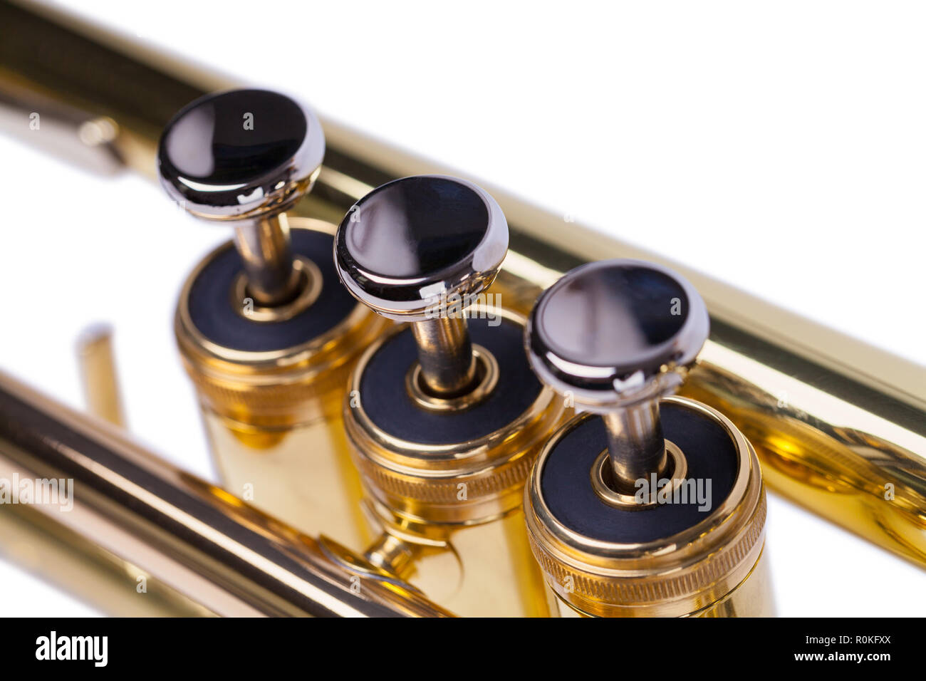 Close Up Of Trumpet Keys Isolated on White Background. Stock Photo