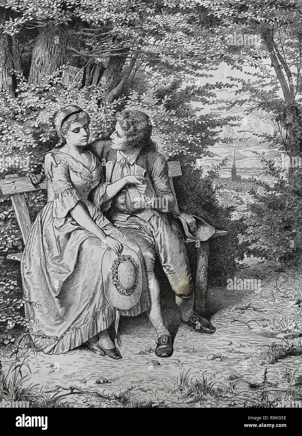 German writer Johann Wolfgang von Goethe (1749-1832) with Friederike Brion (1752-1813). Engravin of Germania, 1882. Stock Photo