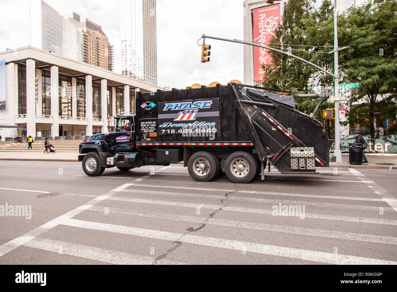 Garbage collection or recycling truck, Broadway, New York City, United States of America. Stock Photo