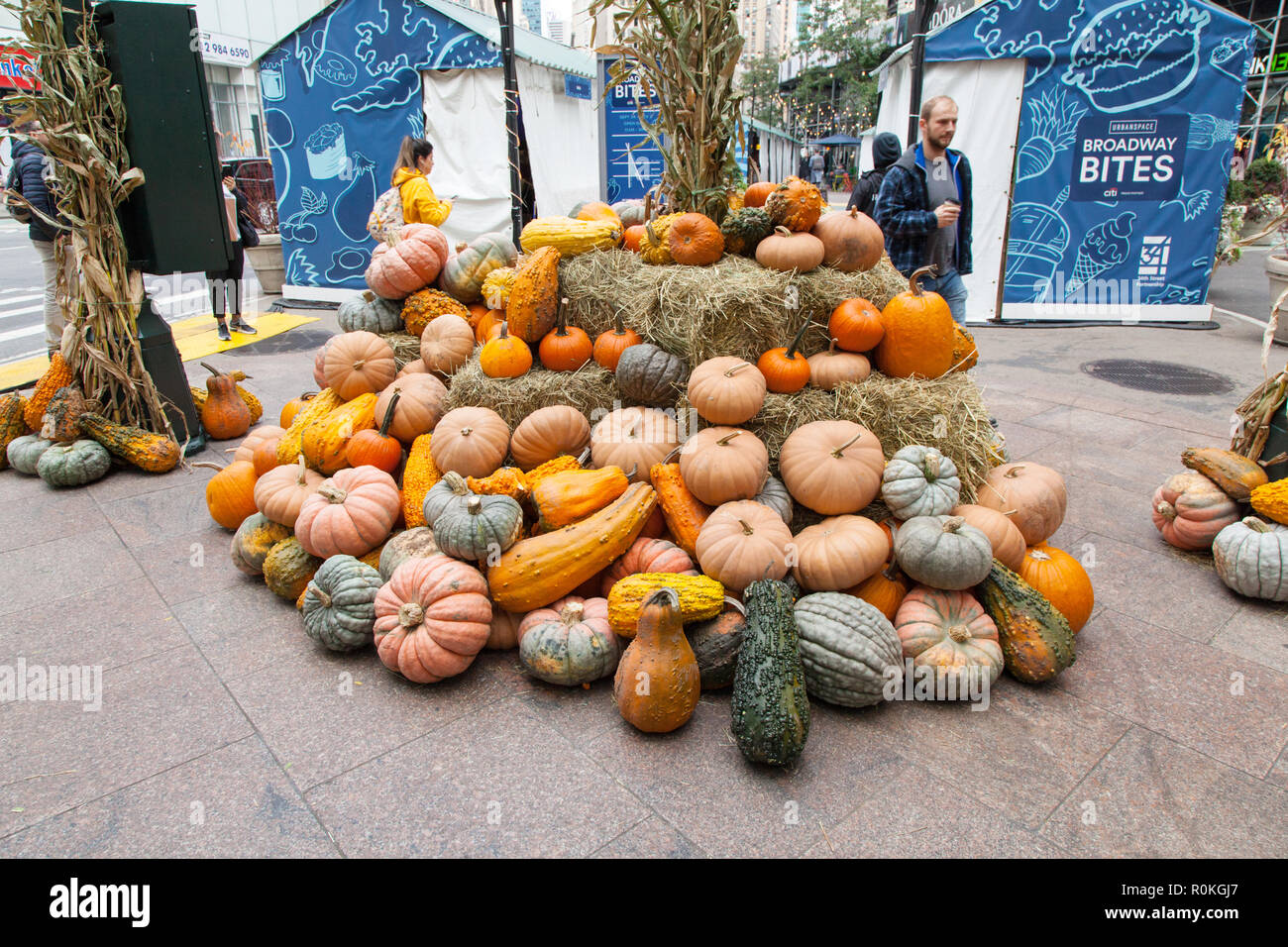 Pumpkin display at Broadway Bites a pop-up in summer and fall, Greeley Square, showcasing a diverse mix of cuisines from local chefs, New York, U.S.A Stock Photo