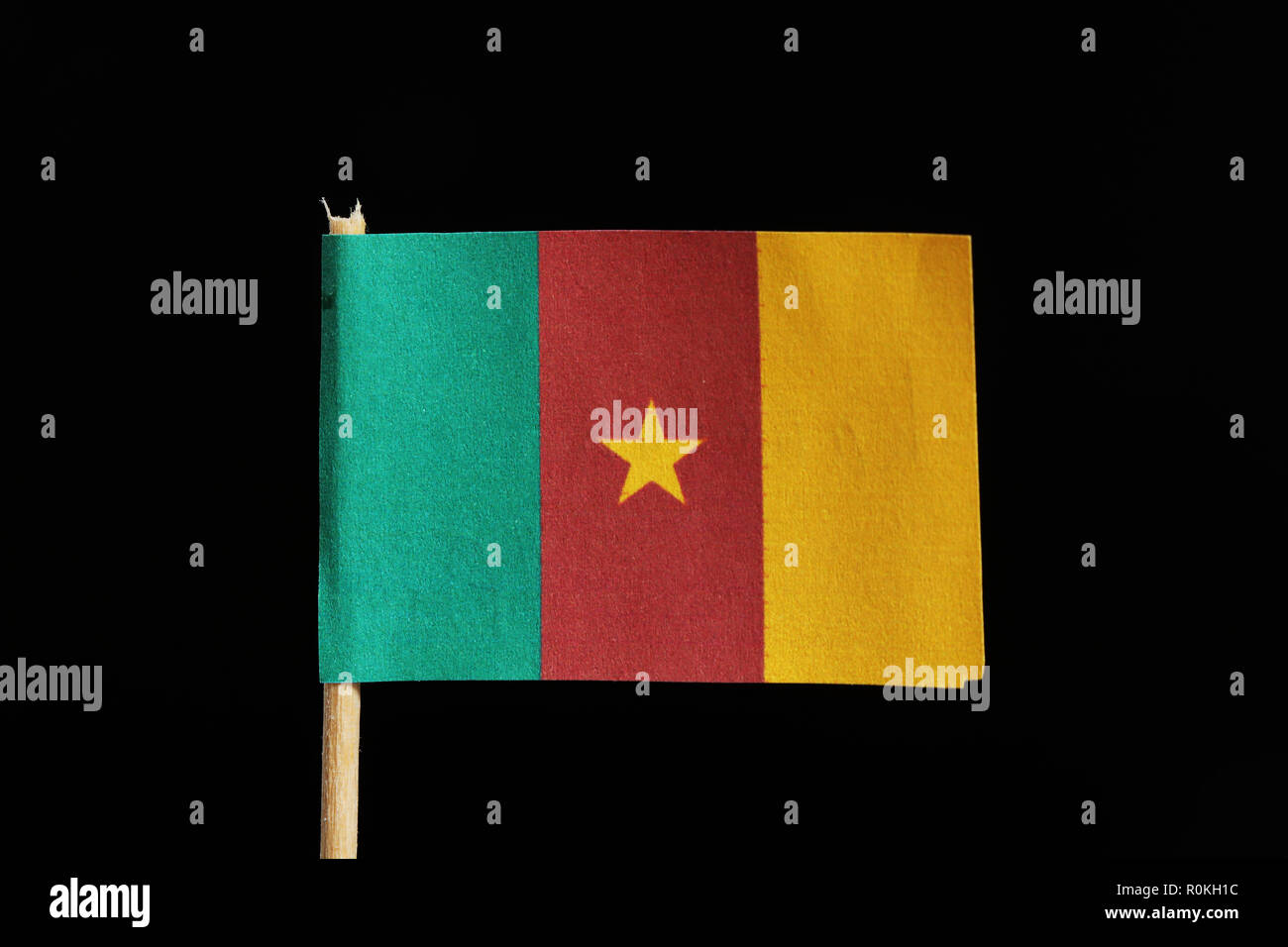 A official and original flag of Cameroon on toothpick on black background. It is a vertical tricolor of green, red and yellow with a five-pointed star Stock Photo