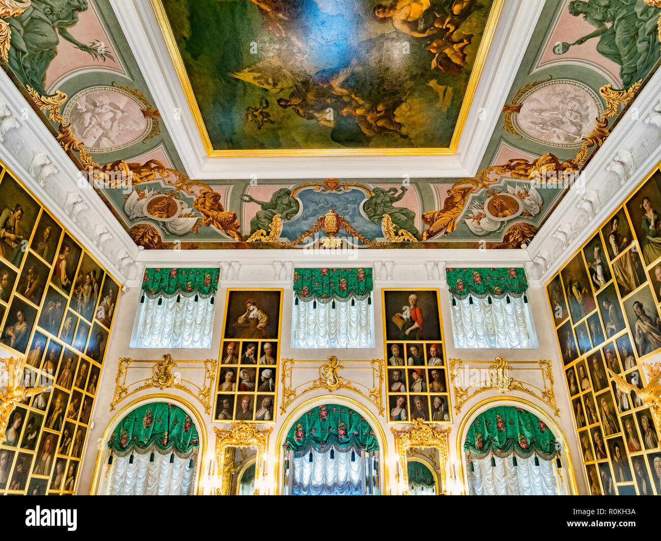 18 September 2018: St Petersburg, Russia - The Portrait Hall in Peterhof Grand Palace. Stock Photo