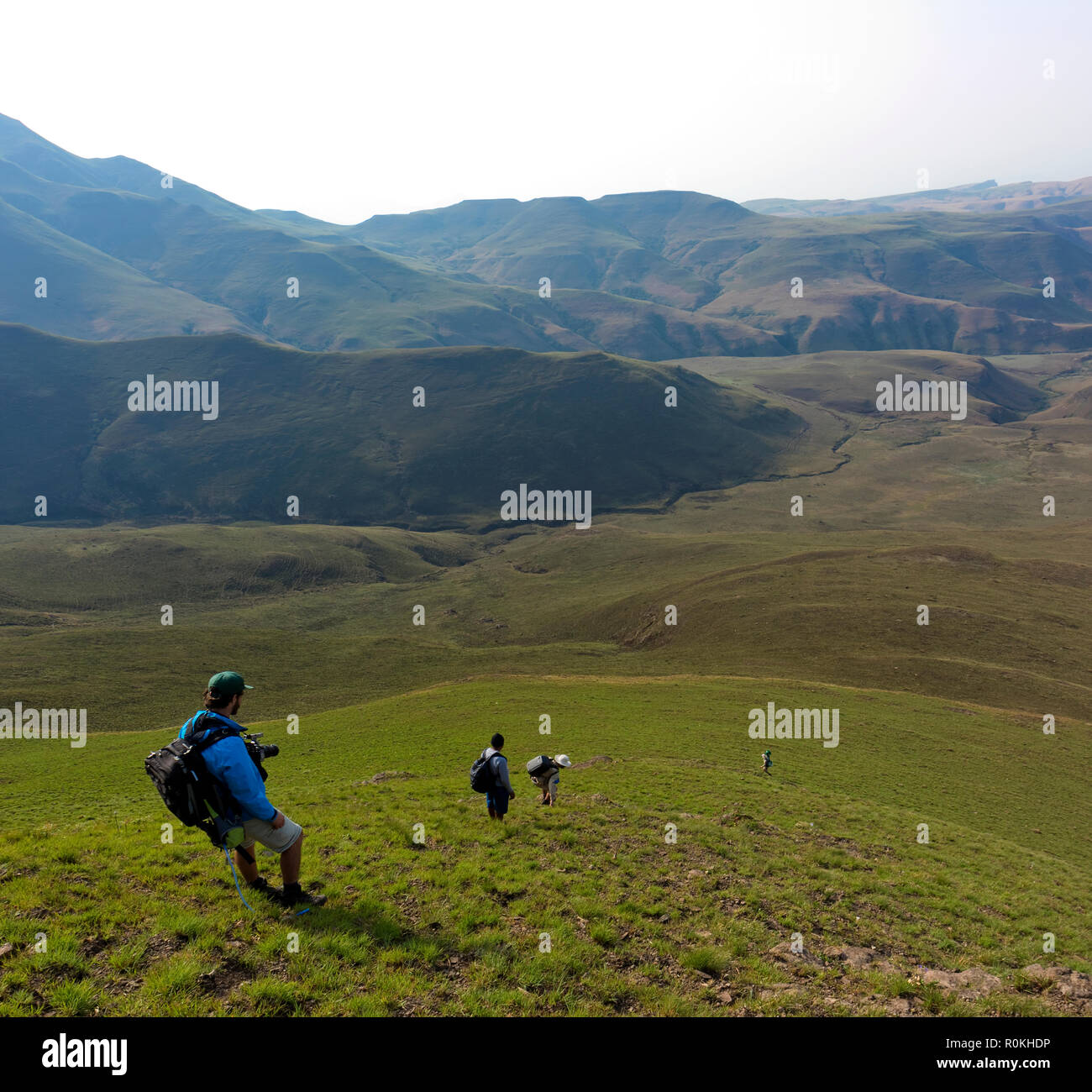 Hiking in the Drakensberg Cathedral Peak Stock Photo