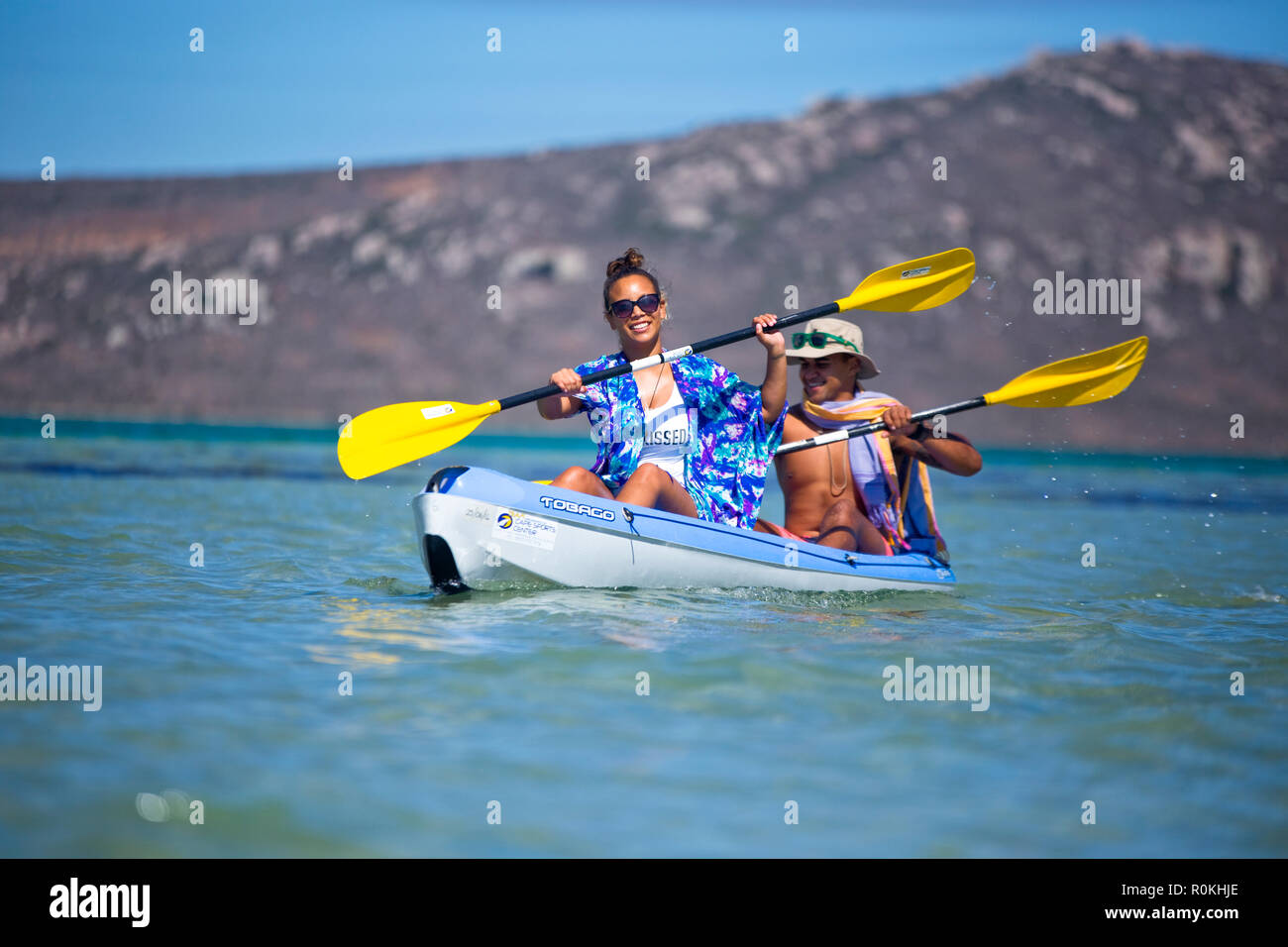 Couple kayaking in the Langebaan Lagoon in the West Coast National Park Stock Photo