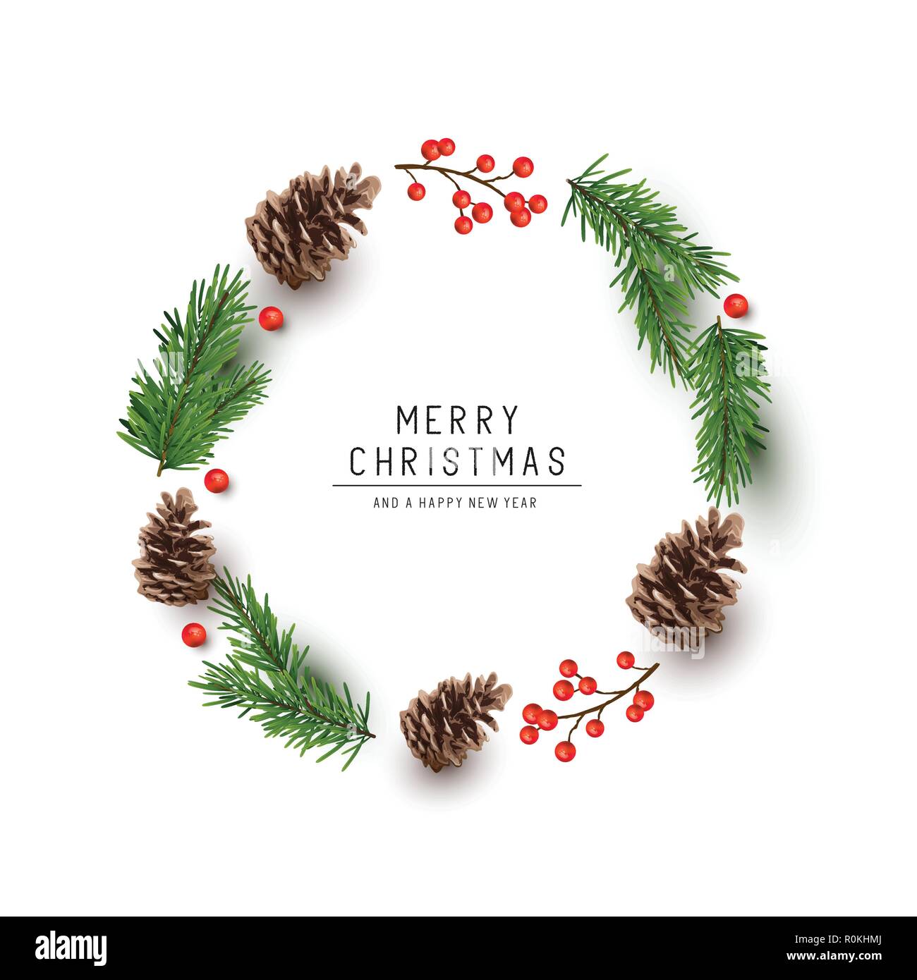 A round shaped Christmas frame made with fir branches, pine cones and red berries. Flat lay vector illustration Stock Vector