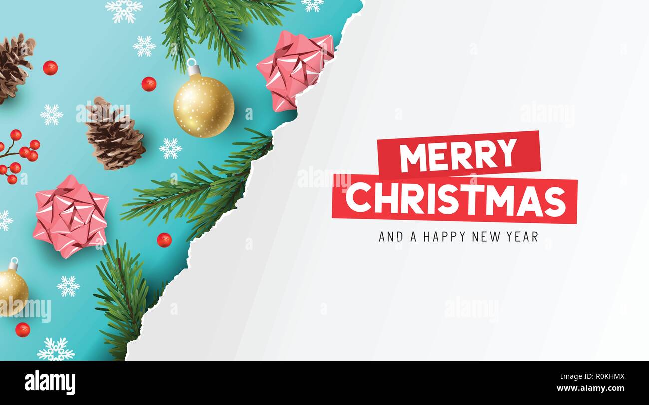 A merry christmas banner design with fir branches, bows, pine cones and ...