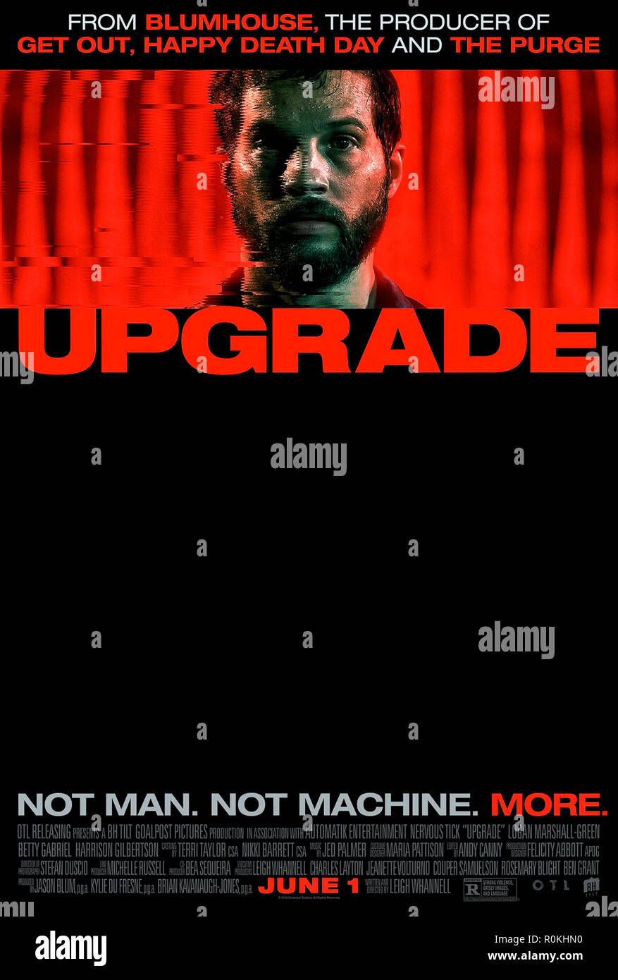 Upgrade (2018) directed by Leigh Whannell and starring Logan Marshall-Green, Melanie Vallejo, Steve Danielsen and Betty Gabriel. Effective Sci-fi about a man implanted with an advanced STEM chip after becoming a quadriplegic. Stock Photo