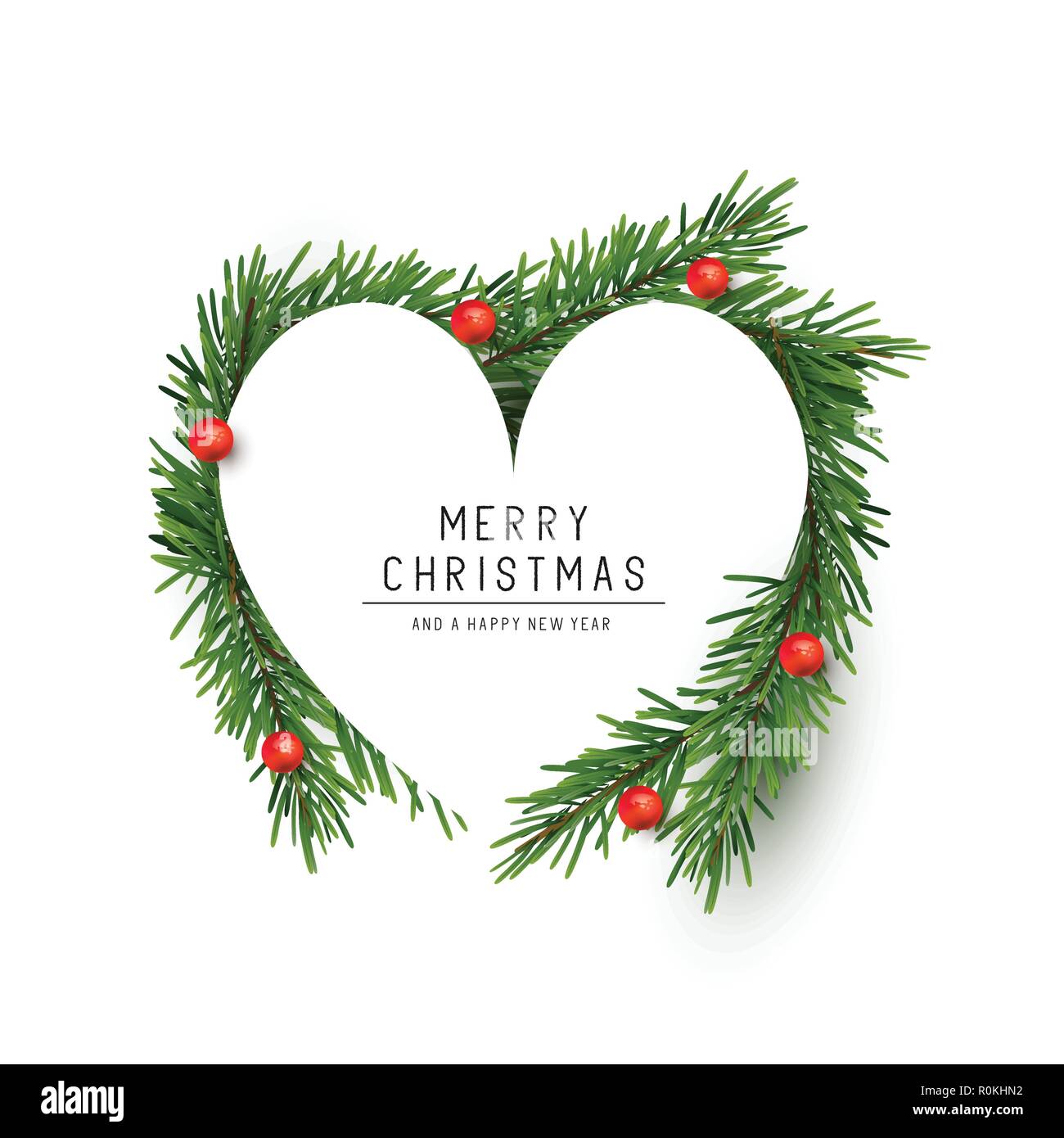 A heart shaped Christmas frame made with fir branches and red berries. Flat lay vector illustration Stock Vector