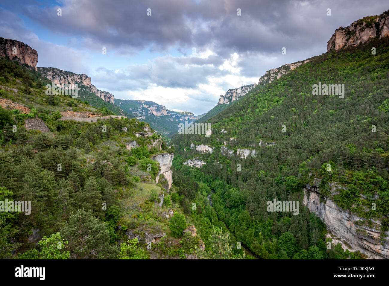 Sunset over the cliffs and valley of the Gorges du Tarn Aveyron France Stock Photo