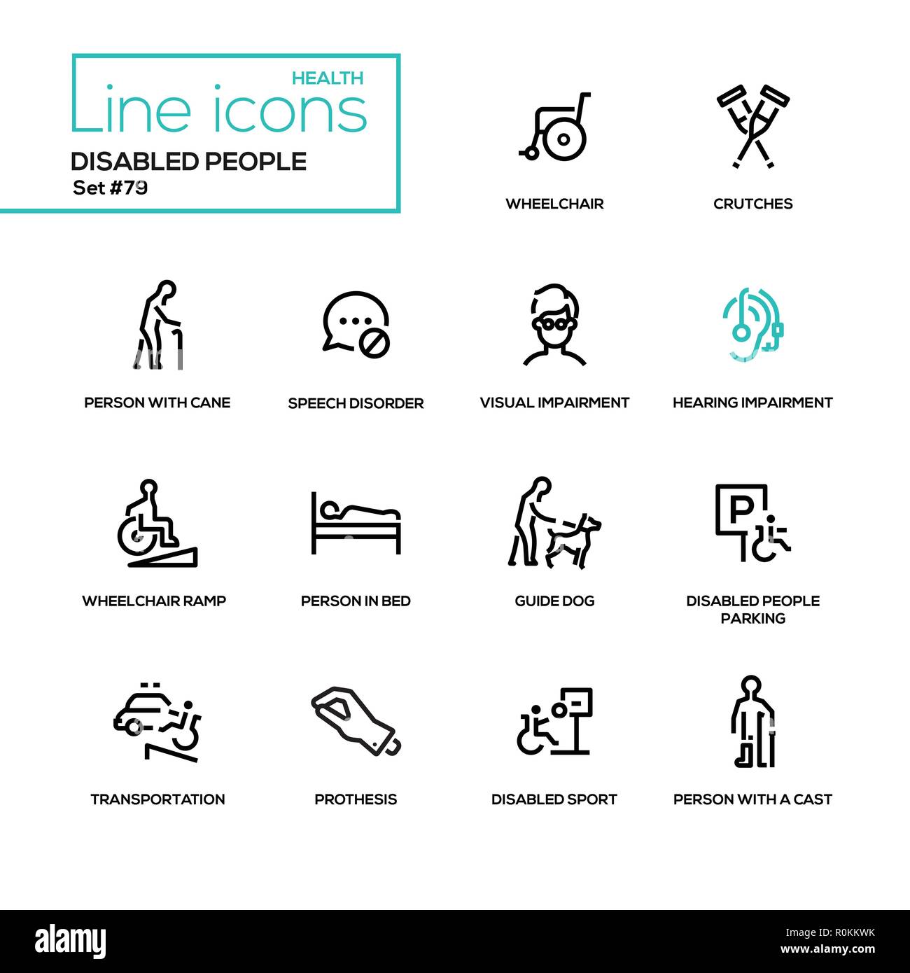 Disabled people - line design style icons set Stock Vector