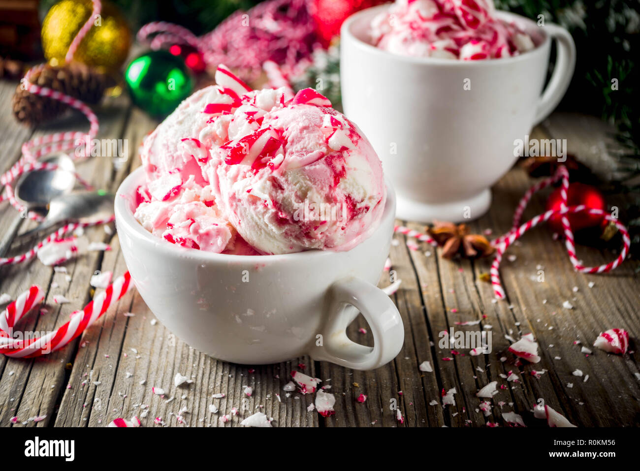 Christmas Dessert Homemade Peppermint Candy Cane Ice Cream In Two Cups Old Wooden Background With Xmas Decorations Copy Space Stock Photo Alamy