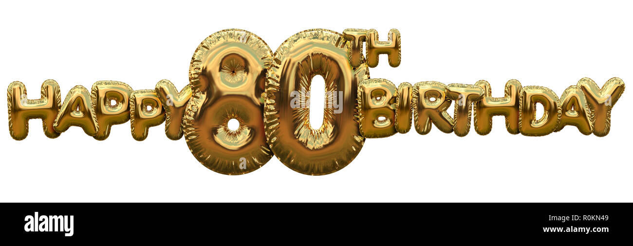 Happy 80th birthday gold foil balloon greeting background. 3D Rendering Stock Photo