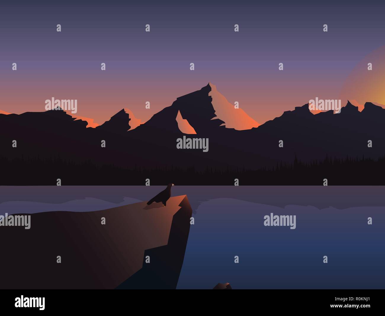 sunrise landscape river mountains illustration vector Stock Vector