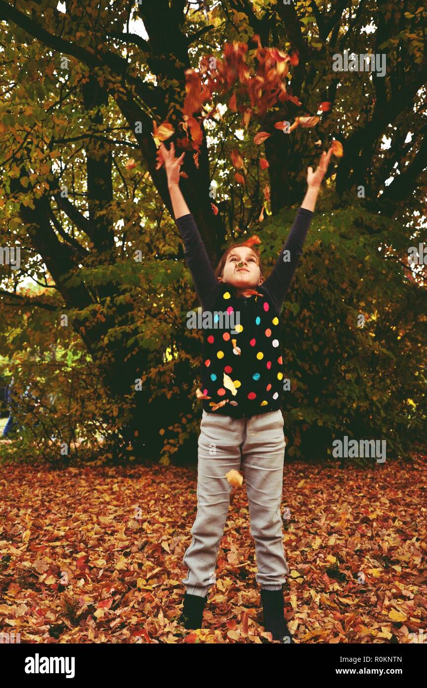 Caucasian 9 years old child, girl, happy in the park, throwing up  dried autumn leaves above her. Vertical Stock Photo