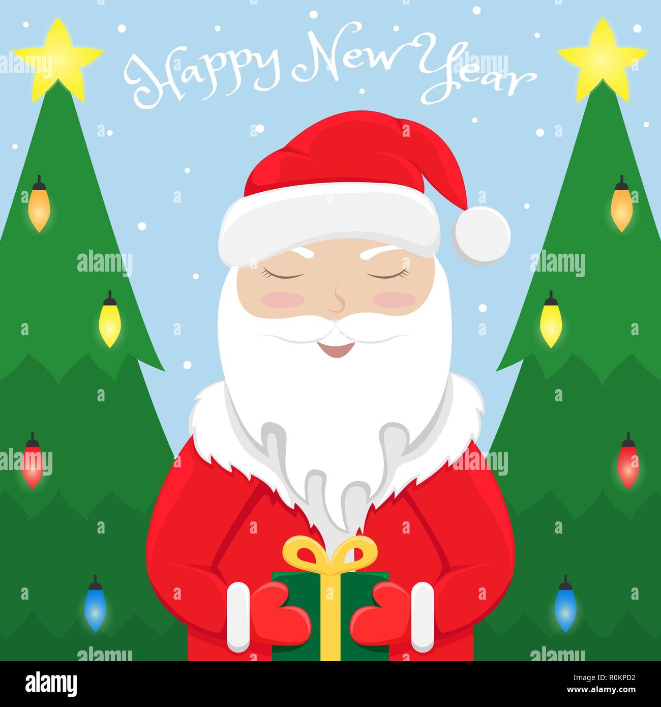 Christmas greeting card with Santa Claus with a gift in hand and ...