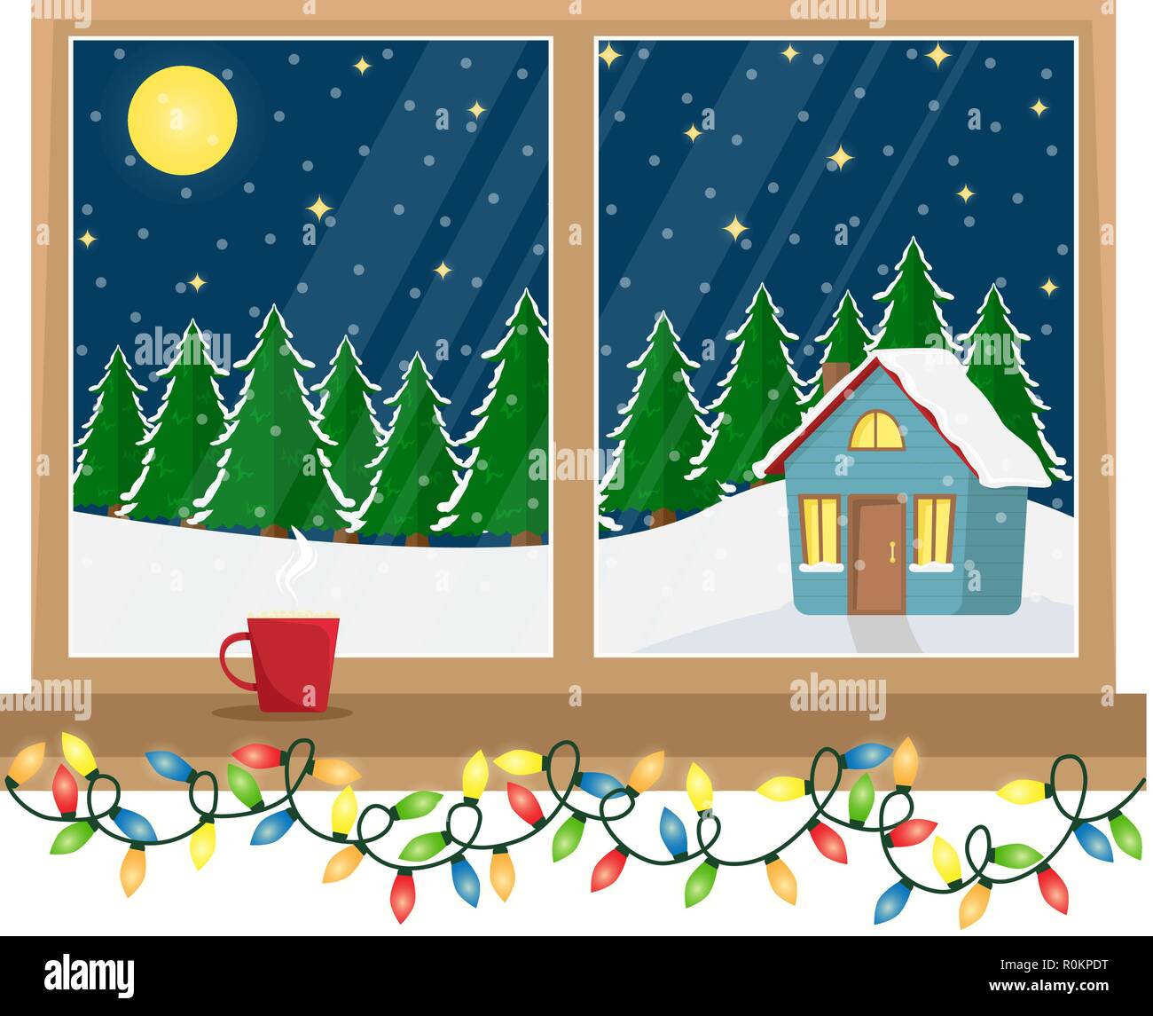 A Window With A View Of The Decorated House In The Woods Christmas Window With Garland Flat Cartoon Illustration Stock Vector Image Art Alamy