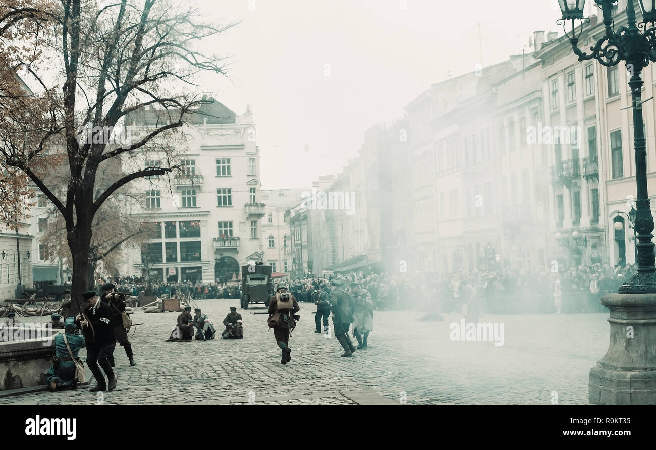 Lviv, Ukraine 04 November 2018 Historical reconstruction of military