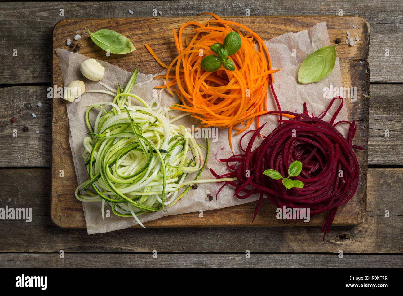 Vegetable noodles - zucchini, carrot and beetroot Stock Photo