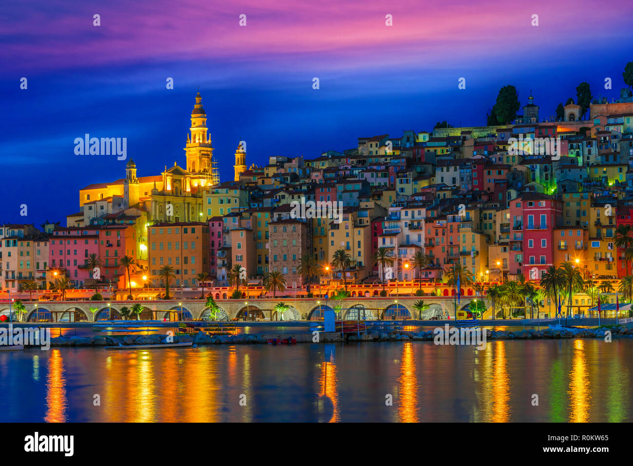 Old town architecture of Menton on French Riviera by night Stock Photo ...