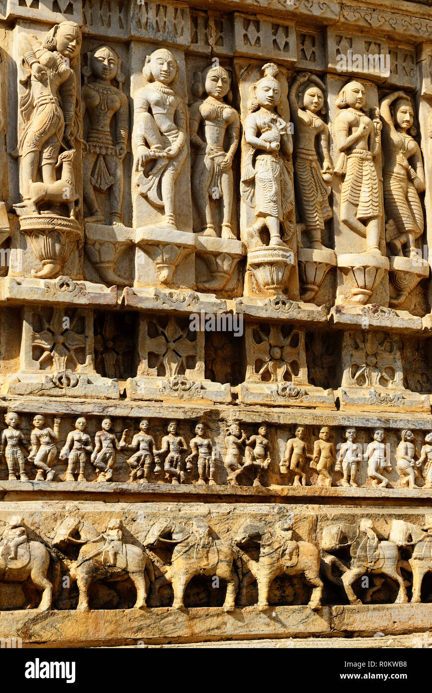 Frieze with female warriors at Jagdish Temple, Udaipur, Rajasthan, India Stock Photo