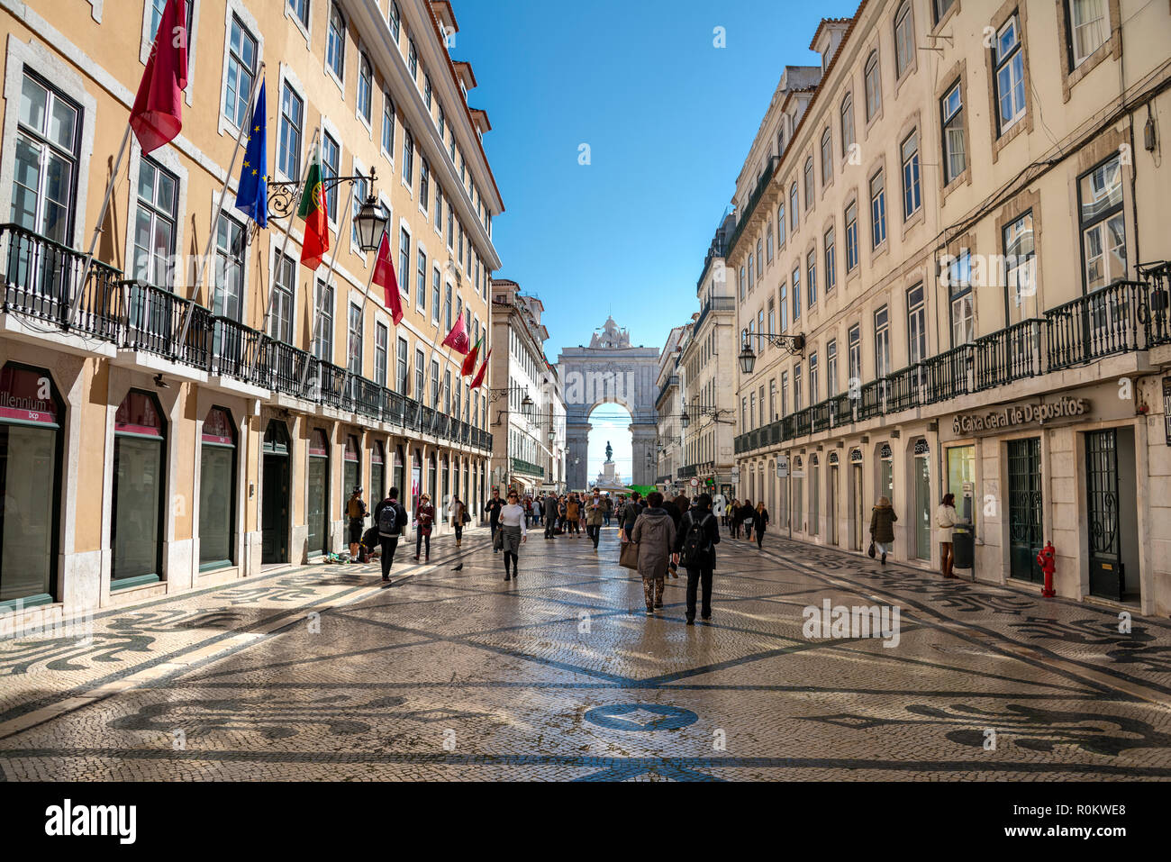 Shopping street, Rua Augusta, behind gate Arco da Rua Augusta, Baixa, Lisbon, Portugal Stock Photo