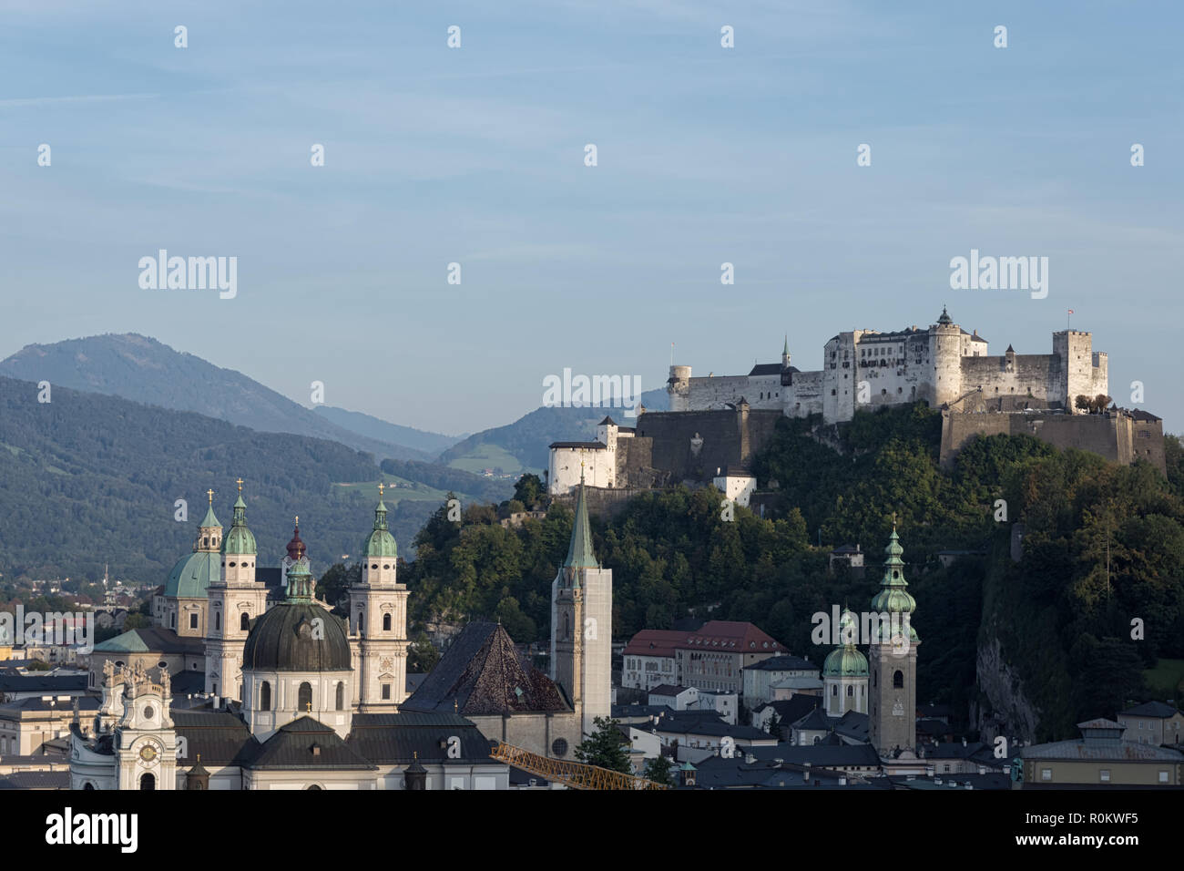 City of Salzburg, Austria. View from Mönchsberg to the historical district and the Hohensalzburg Fortress. Blick auf die Festung Hohensalzburg, 2018 Stock Photo