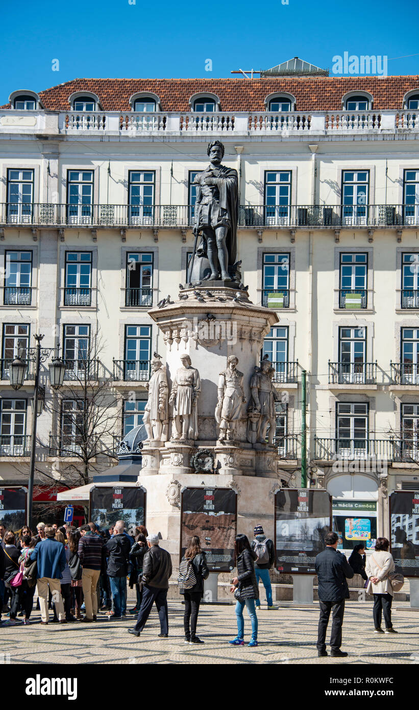 Monument to Luis de Camões, Praca de Luis de Camões Square or Largo Camoes Square, Lisbon, Portugal Stock Photo