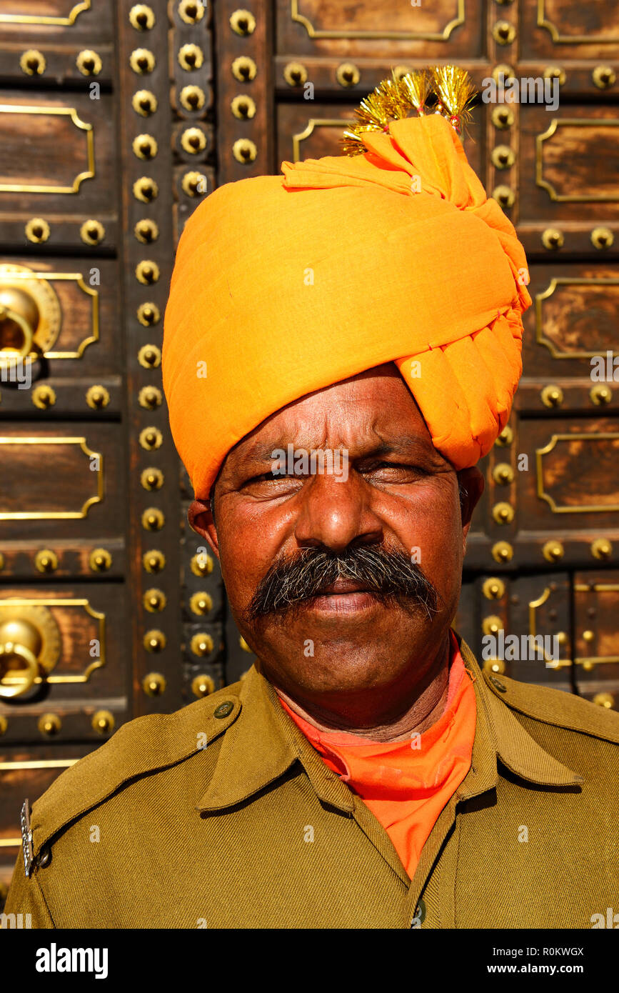 Guardian in front of the City Palace, portrait, Jaipur, Rajasthan, India Stock Photo