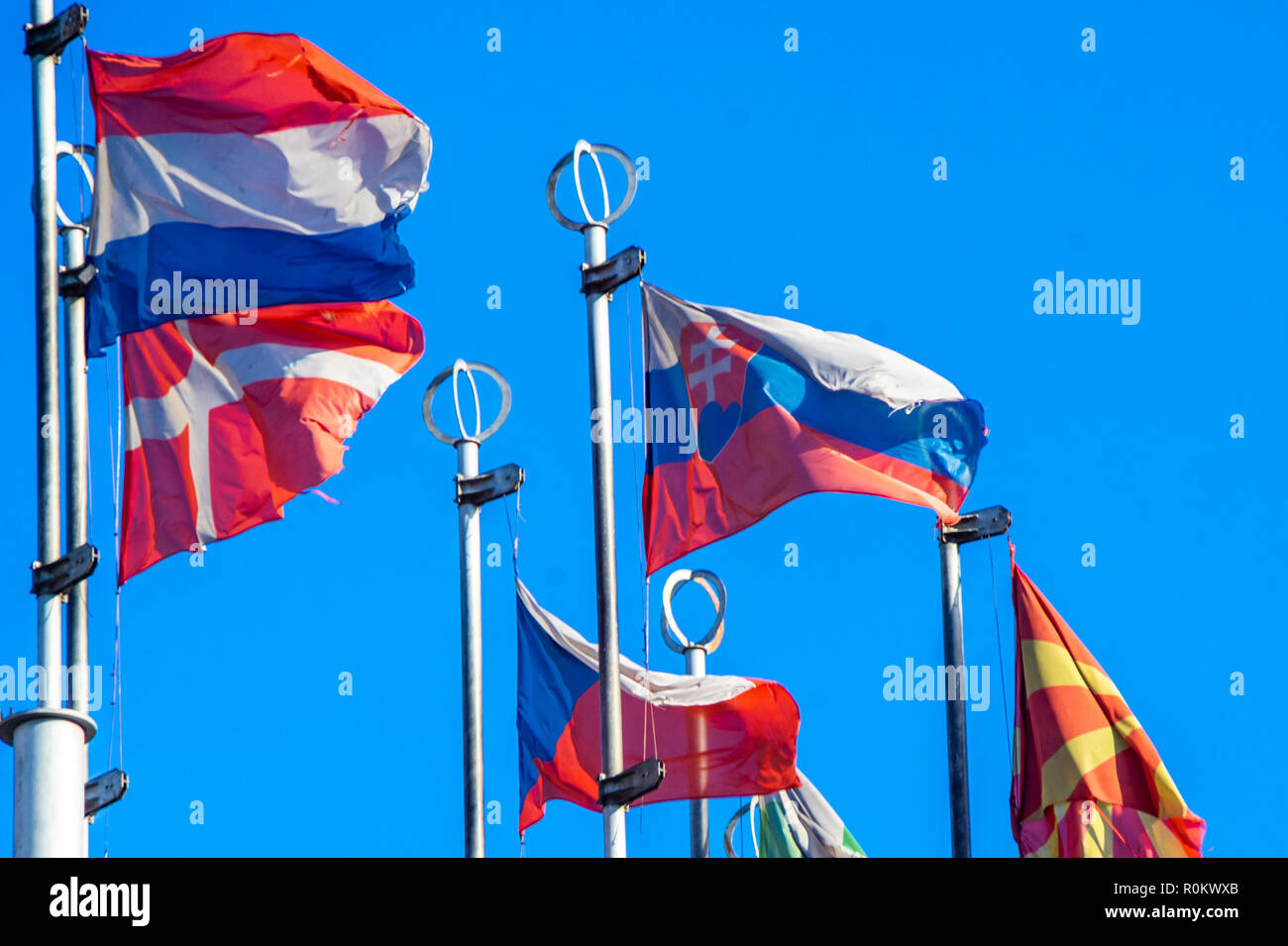 Flags of European countries on flagpoles against the blue sky Stock ...