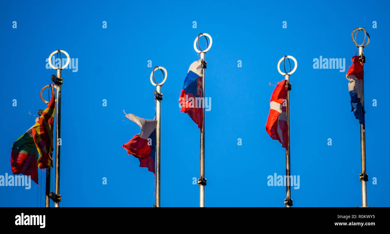 Flags of European countries on flagpoles against the blue sky Stock ...