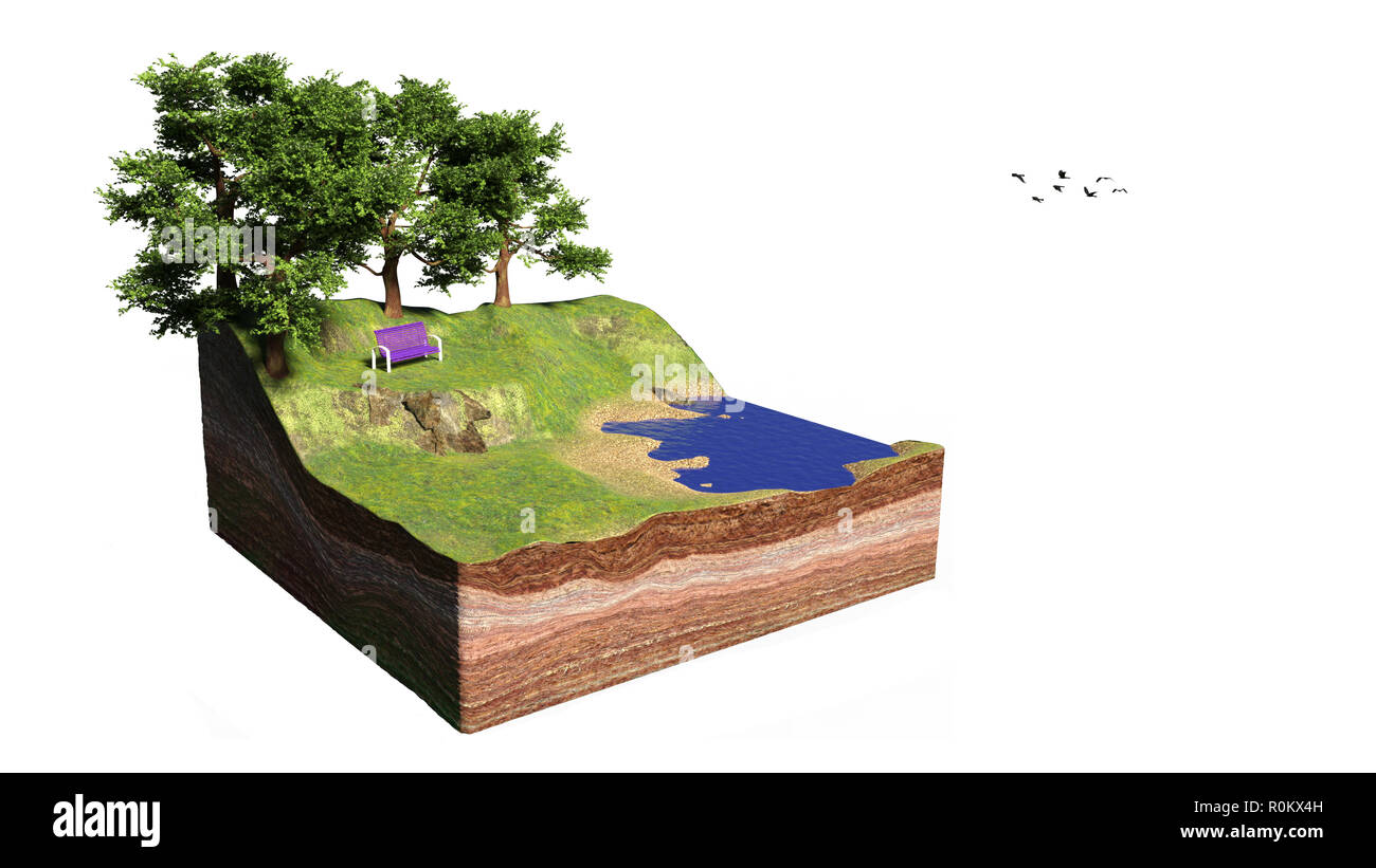cross section of ground with lake, forest, beach and bench, idyllic park with trees cube concept (3d rendering, isolated on white background) Stock Photo