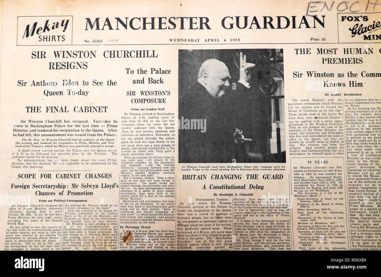 Front page of Manchester Guardian newspaper 