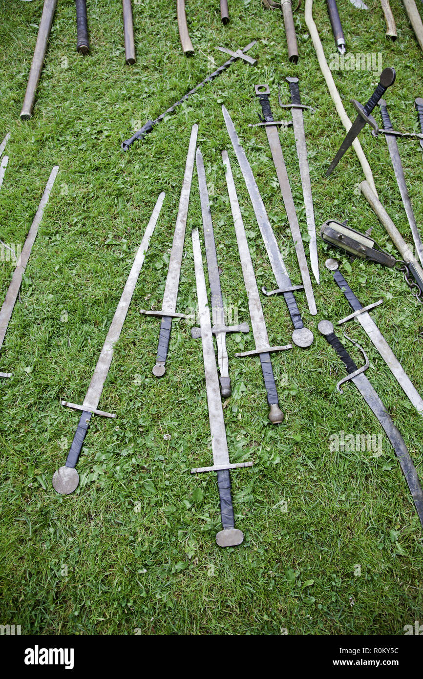 Displays of antique swords, detail of old medieval weapons of war