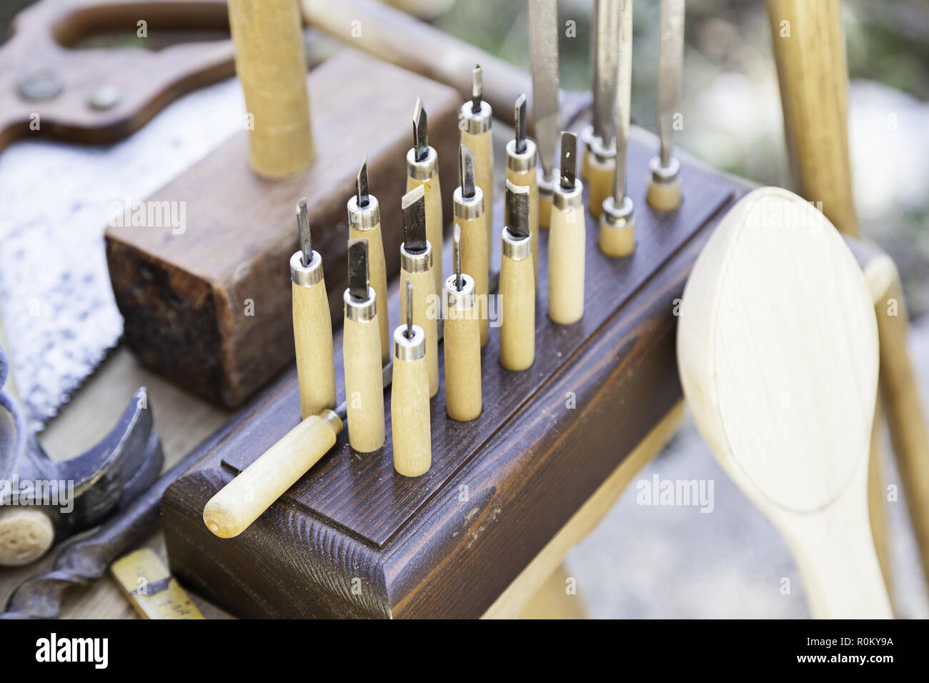 Steel and wood gouges, detail of a woodworking tools, carpentry and ...