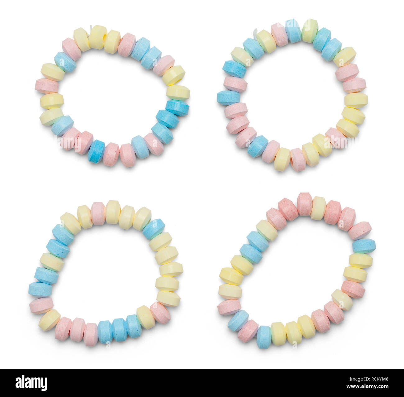 Four Candy Bead Bracelets Isolated on a White Background. Stock Photo